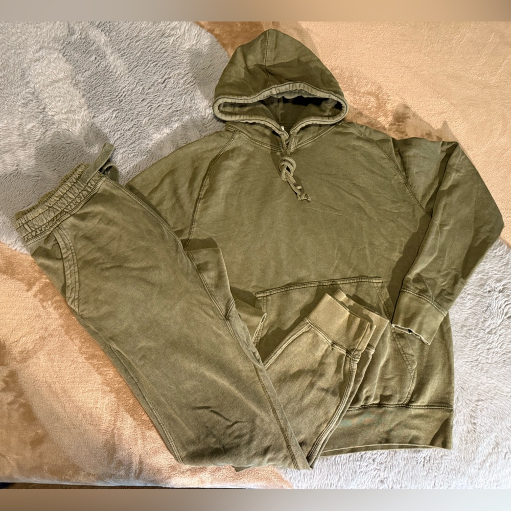 Olive Green Mineral Wash Track Pants & Hoodie Set